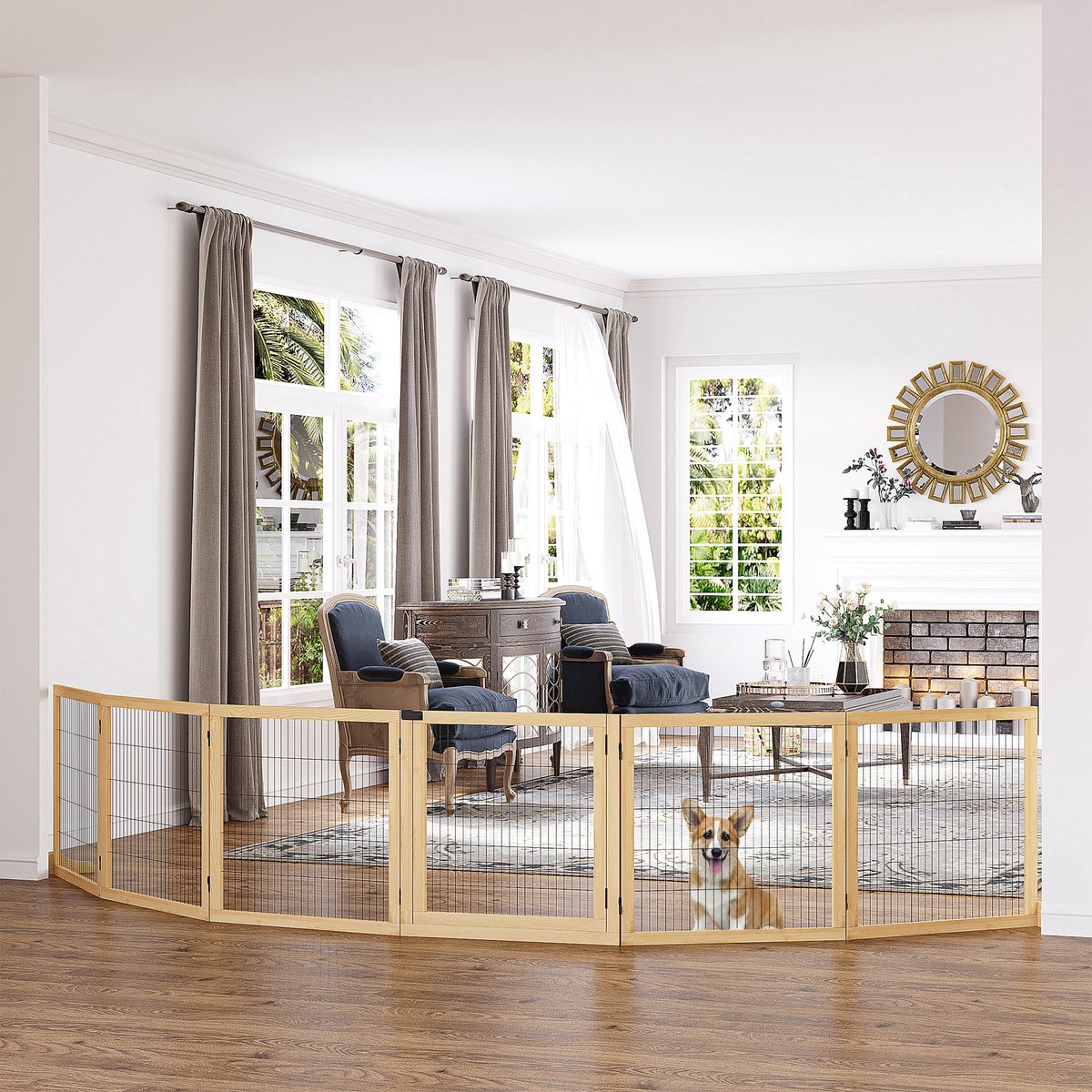 DESMIU Hondenhek – Opvouwbaar En Vergrendelbaar – 432 x 36 x 70 cm – Hout En Metaal – Naturel – Voor Hal, Trap En Dubbele Deuren
