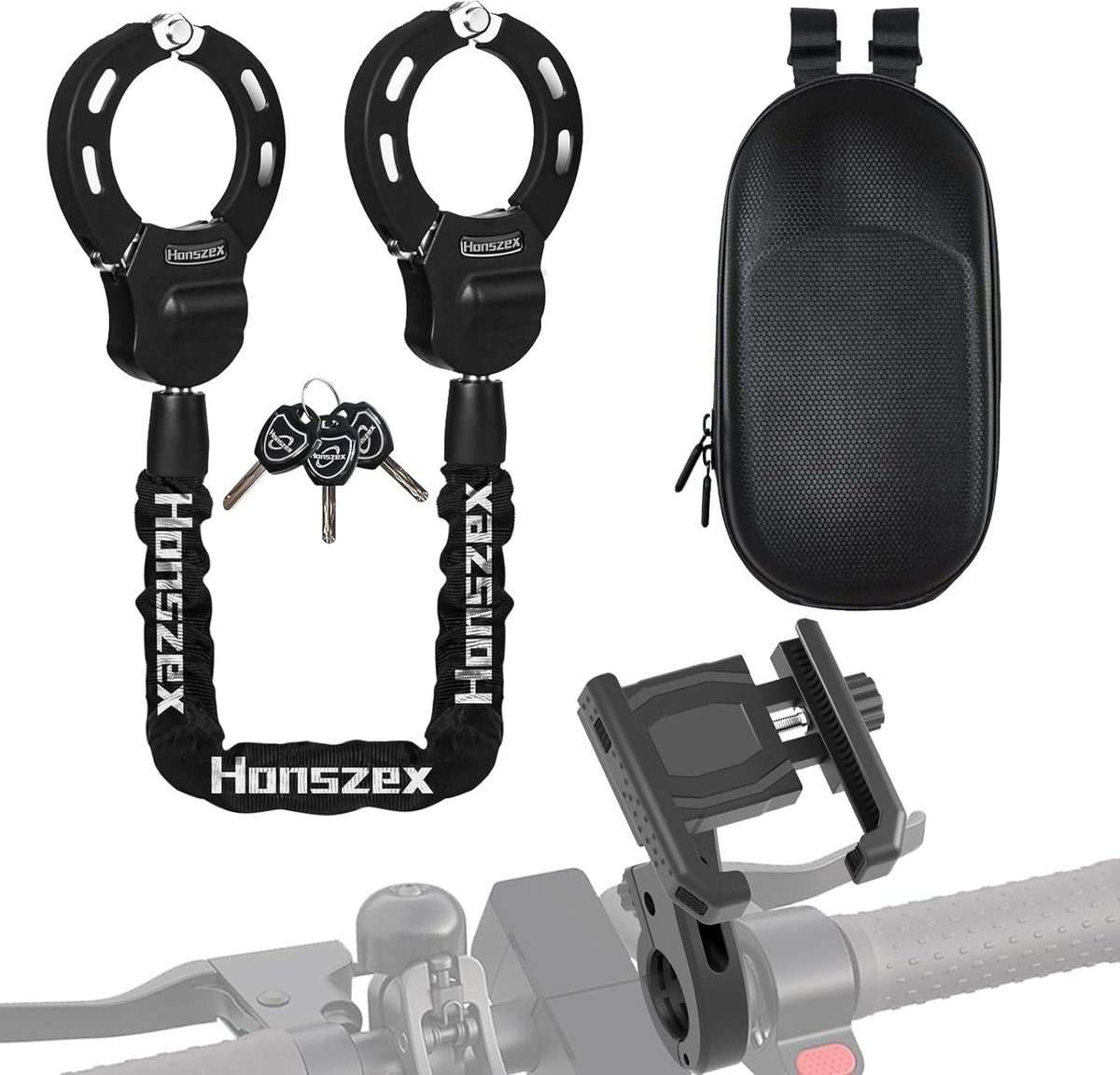 SnelShoppen - Elektrische Scooter Slot, Diefstalbeveiliging, Handboeien Lock met Waterdichte Tas en Telefoonhouder, Accessoires voor E-Bike en Step