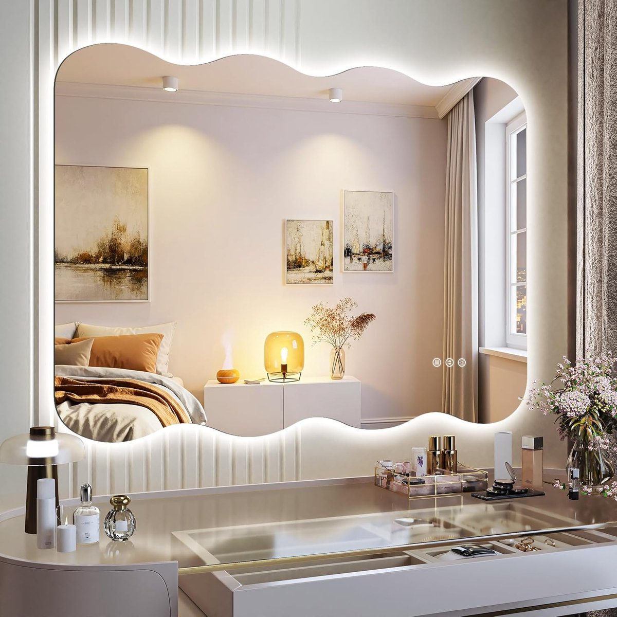 SnelShoppen - LED Badkamer Spiegel 100 x 80 cm Golfvormig met Verlichting, Dimbaar en Antivog, Perfect voor Make-up en Verzorging, Modern Design, Vert