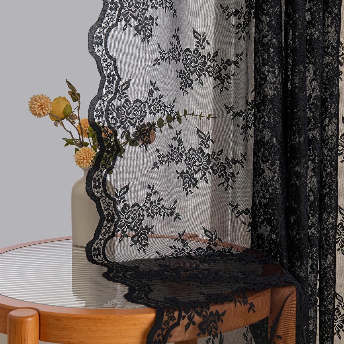 SnelShoppen - Transparante Laken Gordijnen Set van 2 met Bloem Borduursel en Rimpelband - Zwarte Vintage Decoratieve Gordijnen voor Woonkamer en Slaap