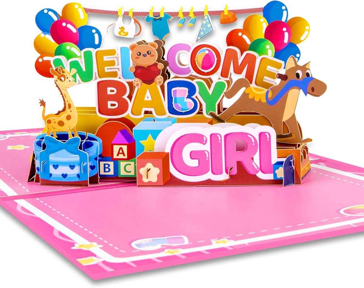 SnelShoppen - 3D Pop-up Babykaart Meisje - Welkom Baby Girl Kaart - Geboorte Kaart - Geld Cadeau - Feestelijke Groetkaart voor Nieuwe Ouders - Leuk vo