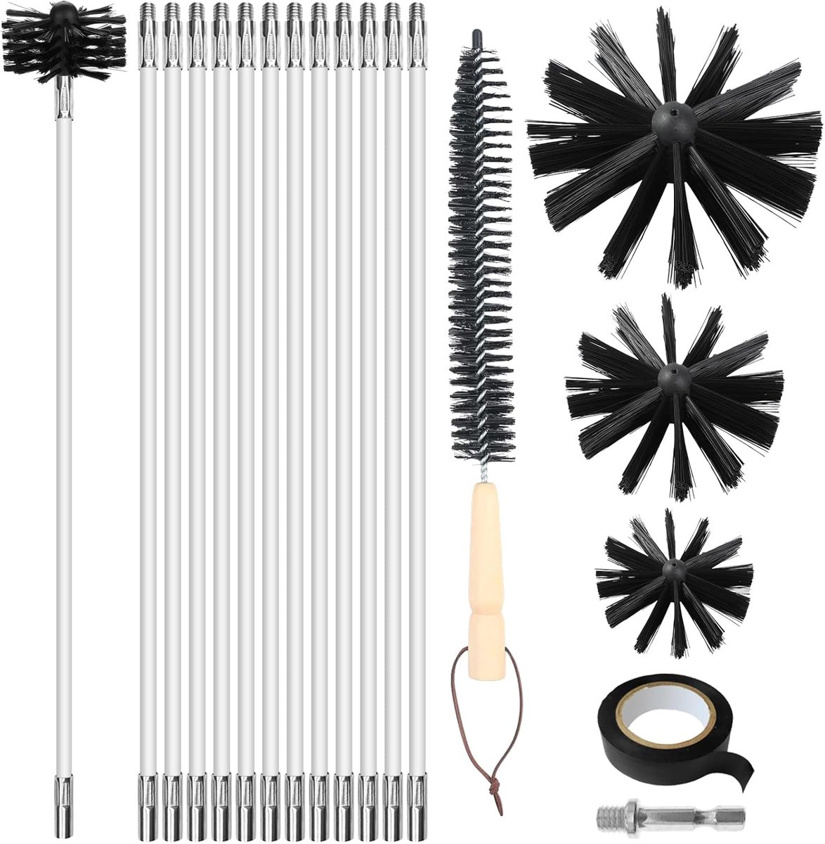 SnelShoppen - 17-delige haardborstel en kachelpijpborstel reinigingsset met 12 stangen 410 mm, 3 borstelkoppen 100/150/200 mm, zeskantstang en houten