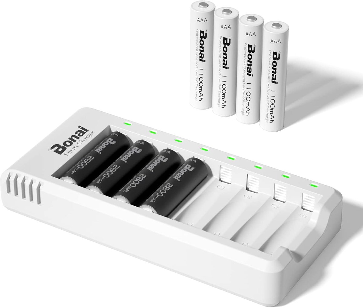 SnelShoppen - Batterijoplader met 8 Onafhankelijke Slots + 8 Oplaadbare Batterijen (4x AA 2800mAh + 4x AAA 1100mAh, Ni-MH) - USB Oplader voor AA/AAA B