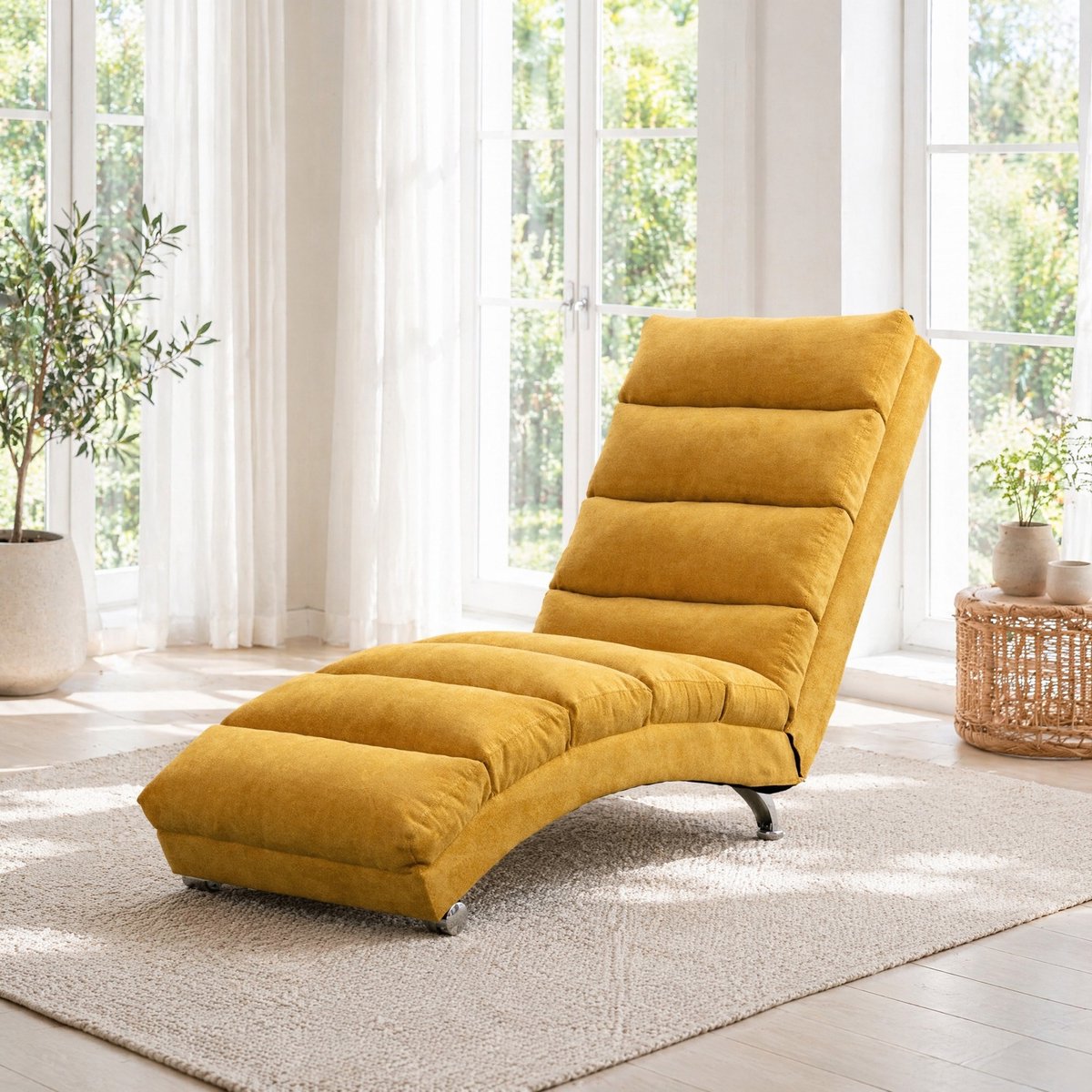 COVREO Chaise longue 148 x 55 x 84 cm - linnen, zachte vibratie, met zijvak, mosterdgeel