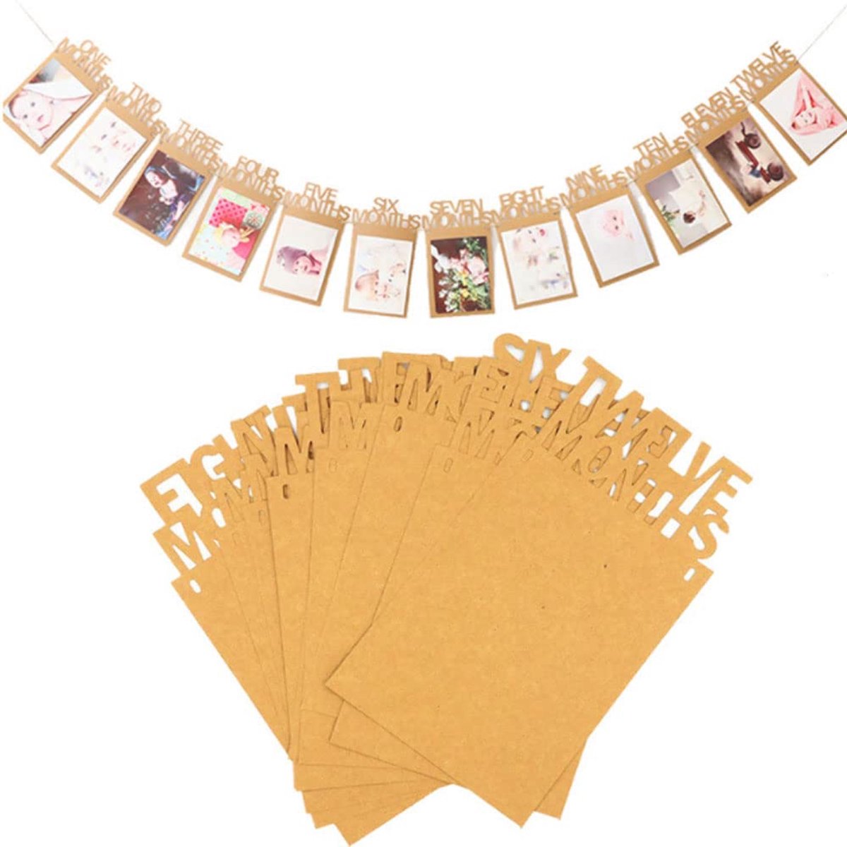 SnelShoppen - Baby Foto Banner 1e Verjaardag - Maandelijkse Mijlpalen Decoratie - Kraft Karton - 12 Foto Kaarten - 3m Rope - Gezellig Feest voor Kinde