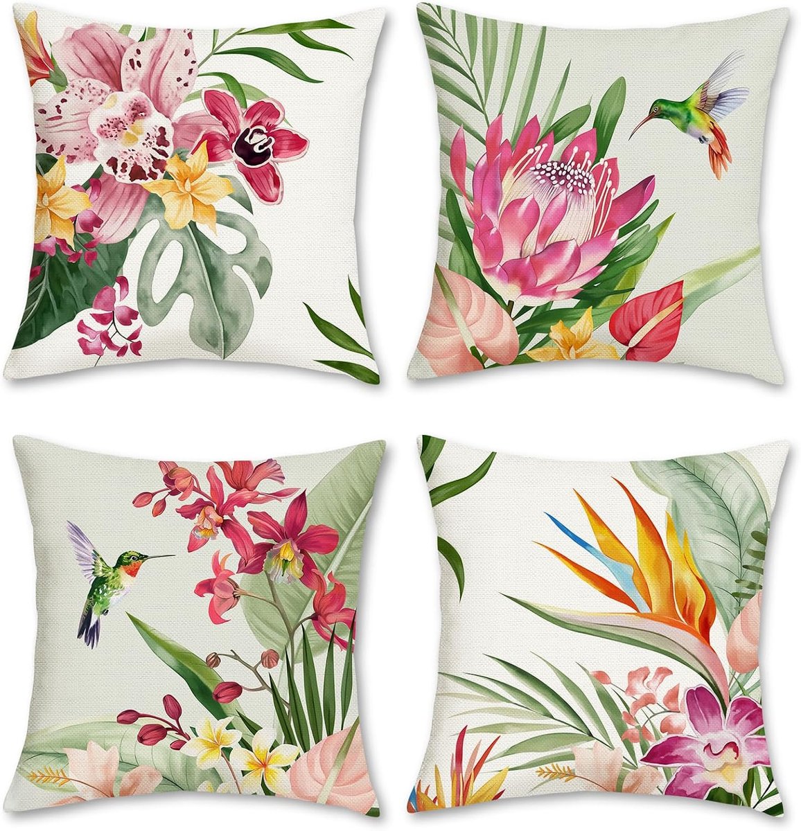 SnelShoppen - Set van 4 Kussenhoezen Tropische Bloemen 45 x 45 cm Decoratieve Outdoor Kussenhoezen Polyester Lijn voor Sofa Tuin Patio Zomer Decoratie