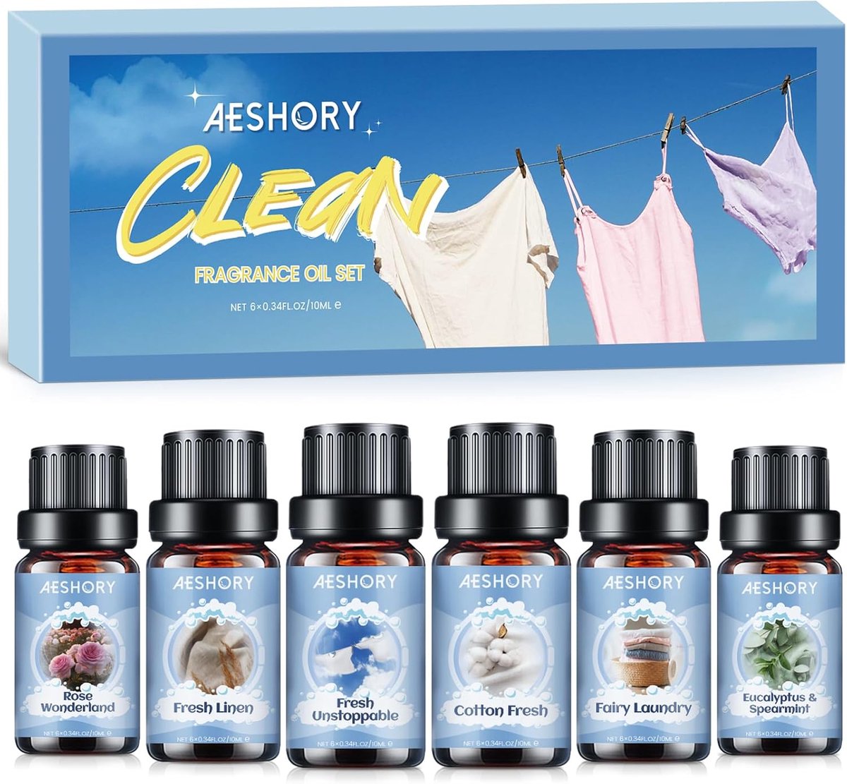 SnelShoppen - Essentiële Oliën Set van 6x10ML voor Diffuser, Frisse Geuren zoals Eucalyptus, Groene Munt en Rozenwonderland, Ideaal voor Ontspanning e