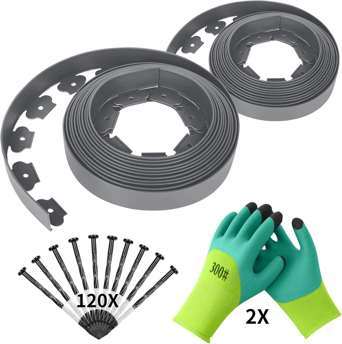 SnelShoppen - Flexibele Tuinranden Kunststof 20m x 5cm - Gazonrand, Bloembedrand met 120 Grondankers & 2 Tuinhandschoenen - Grijs - Voor Tuin, Balkon,