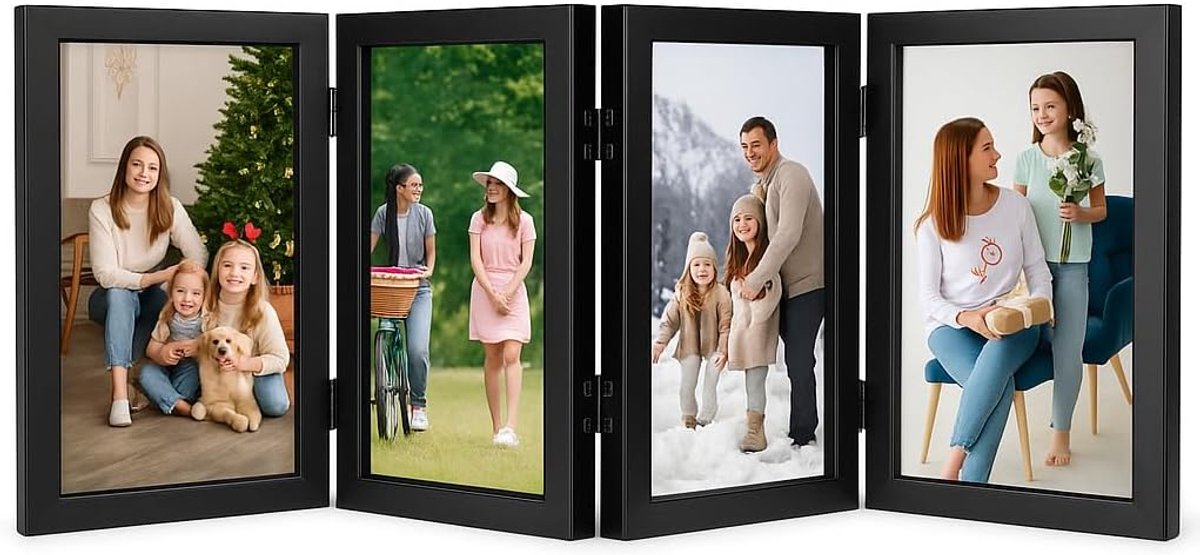 SnelShoppen - Meerdere Tafelfotolijsten 10x15 cm - Opvouwbaar Fotoframe voor 4 Foto's - Houten Collage Lijst - Zwart - Perfect voor Kantoor, Familie,