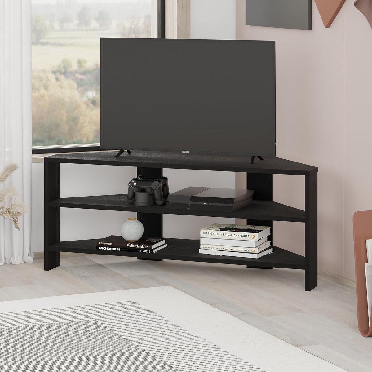 SnelShoppen - Hoek-tv-meubel met 2 planken, modern design voor woonkamer en kantoor, tv-standaard voor 32-inch tv's, zwart hout, veelkleurige decorati