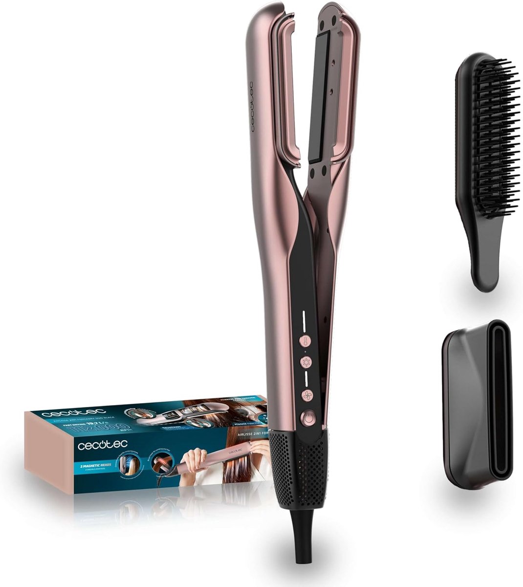 Thijox - 2-in-1 ForceDry Duo Air stijltang met dubbele verwarmingsplaat, 1000 W, 3 modi, borstelloze motor en 2 opzetstukken, zwart