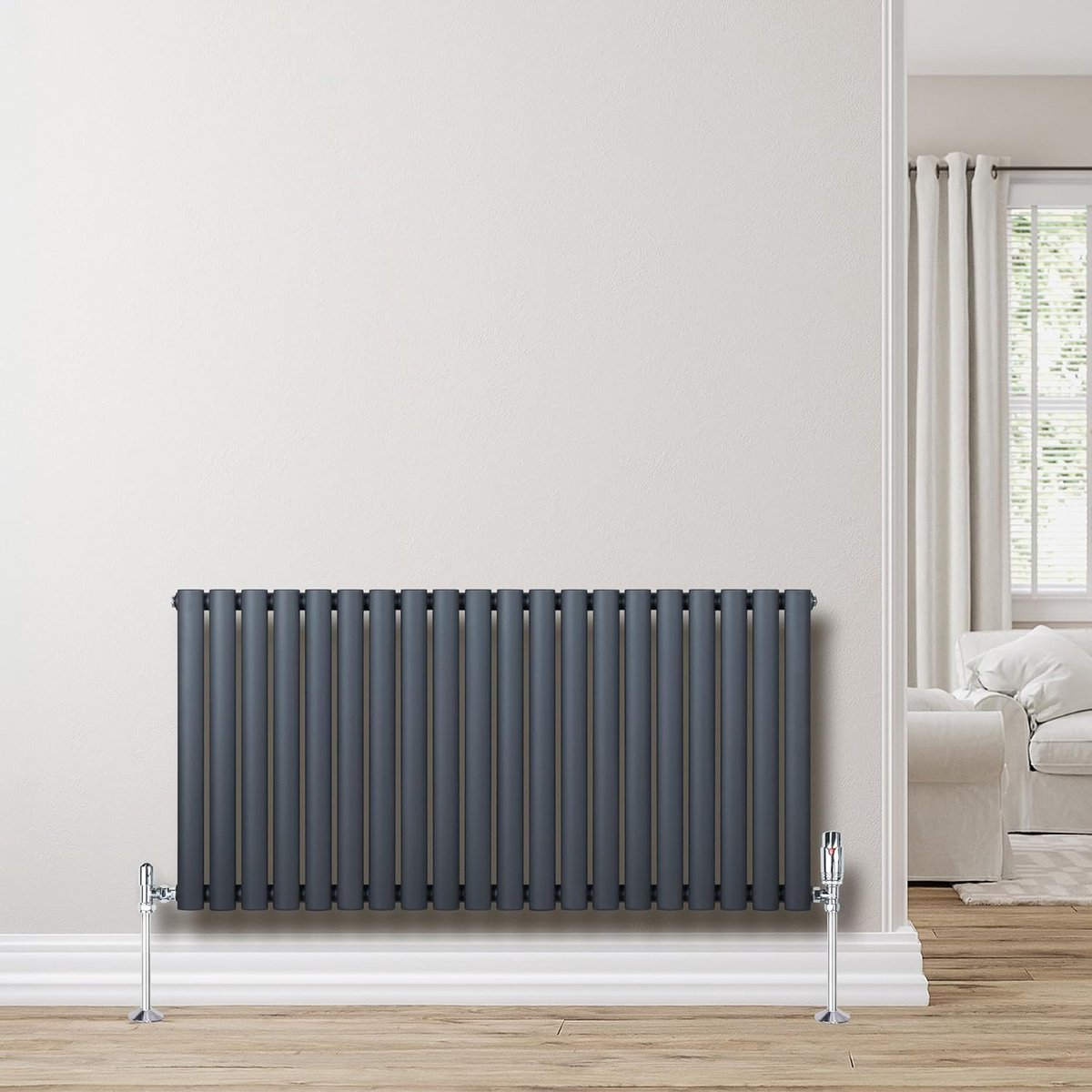 SnelShoppen - Oval Radiator & Thermostat Faucet 1 Kolom 600x1200mm Modern Design Dubbel Paneel Centrale Verwarming Mat Anthraciet Grijs Carbon Staal v