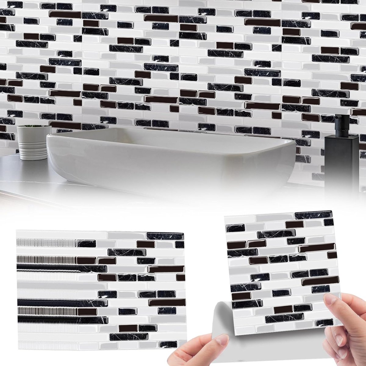 SnelShoppen - 48 x 10 cm Zelfklevende Wandstickers PVC Tegelvloerstickers 10 x 10 cm 3D Mozaïek Zwart Wit Wandkeuken Badkamer