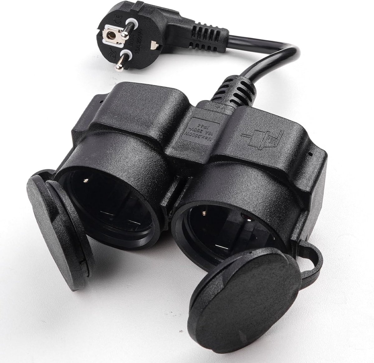 SnelShoppen - Verlengsnoer met 2 Schuko Stopcontacten, Dubbele Stekker voor Buiten, Waterdicht IP44, 250V/16A, Zwart, Ideaal voor Thuis, Kantoor, Tuin