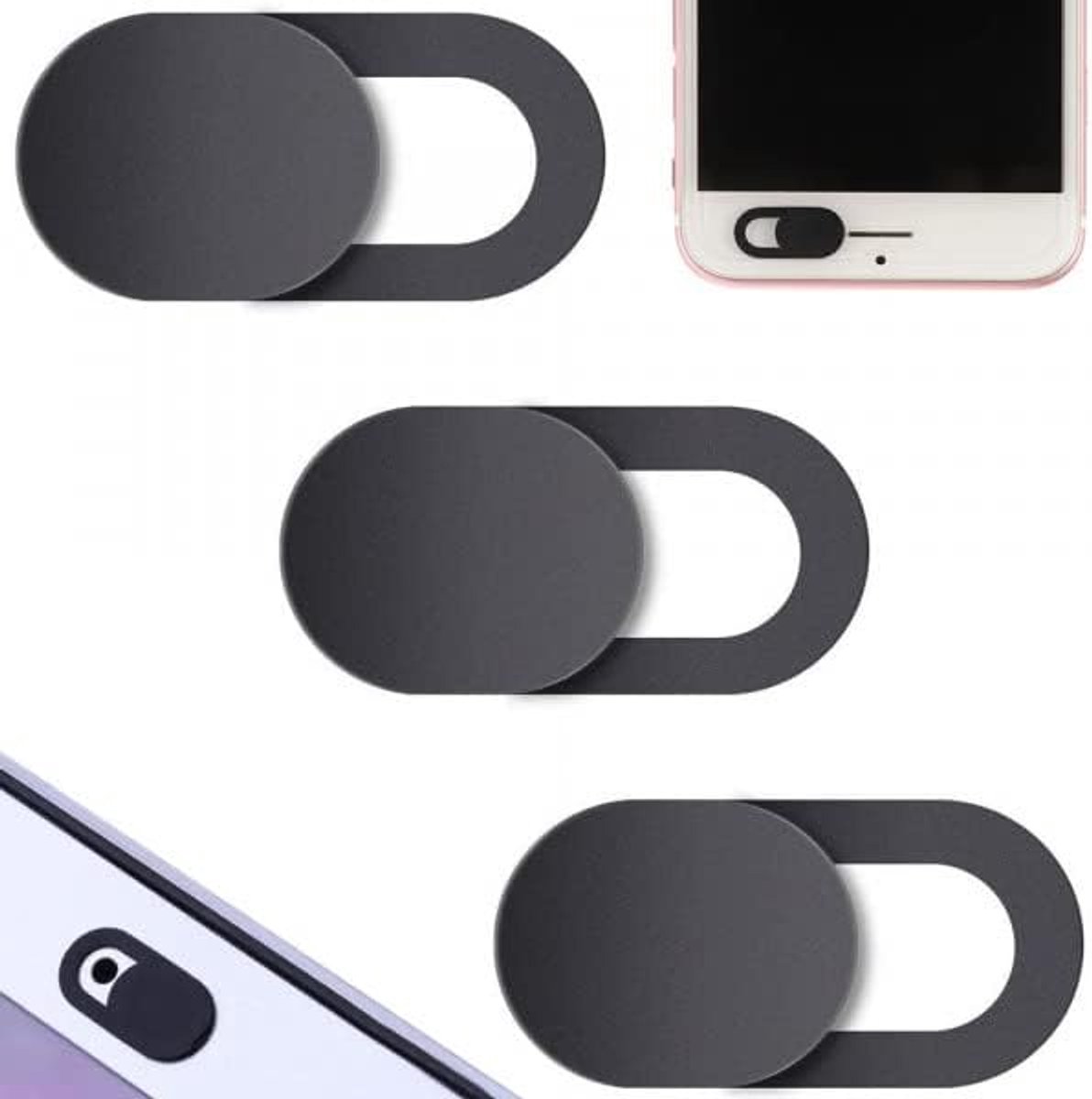 Thijox - Set van 3 Schuifbare Camera Covers - Privacy Filter voor Laptops, Tablets en Smartphones - Universeel - Zwart - Bescherming tegen Spionage
