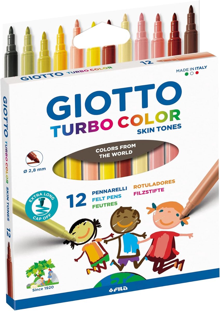Thijox - Viltstiften voor Kinderen - GIOTTO Turbocolor - Fijne Punt 2,8 mm - 12 Huidskleuren - Ideaal voor Feestjes, Scholen en Creatieve Projecten
