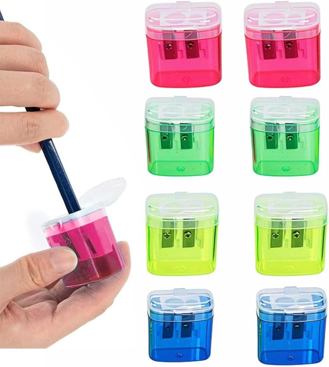 Thijox - 8 Stuks Dubbele Gat Puntenslijper Set voor Kinderen - Kleurrijke Slijpers in Roze, Groen, Neon Geel en Blauw - Compacte 4 cm Slijpers voor Po