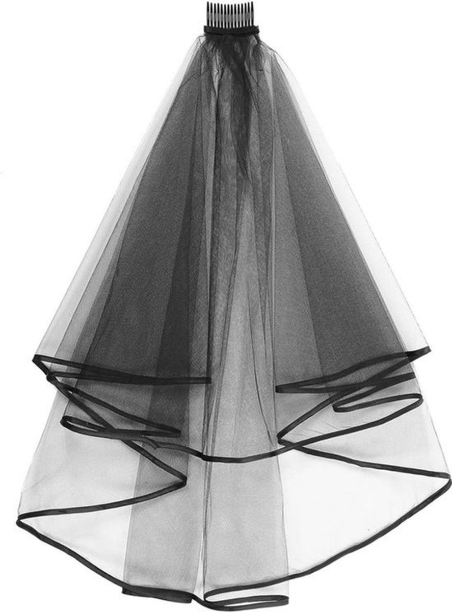 Korte Bruidssluier 2-traps tule zwart voor Halloween en heks cosplay Ellebooglengte lintrand 60-80 cm zwart