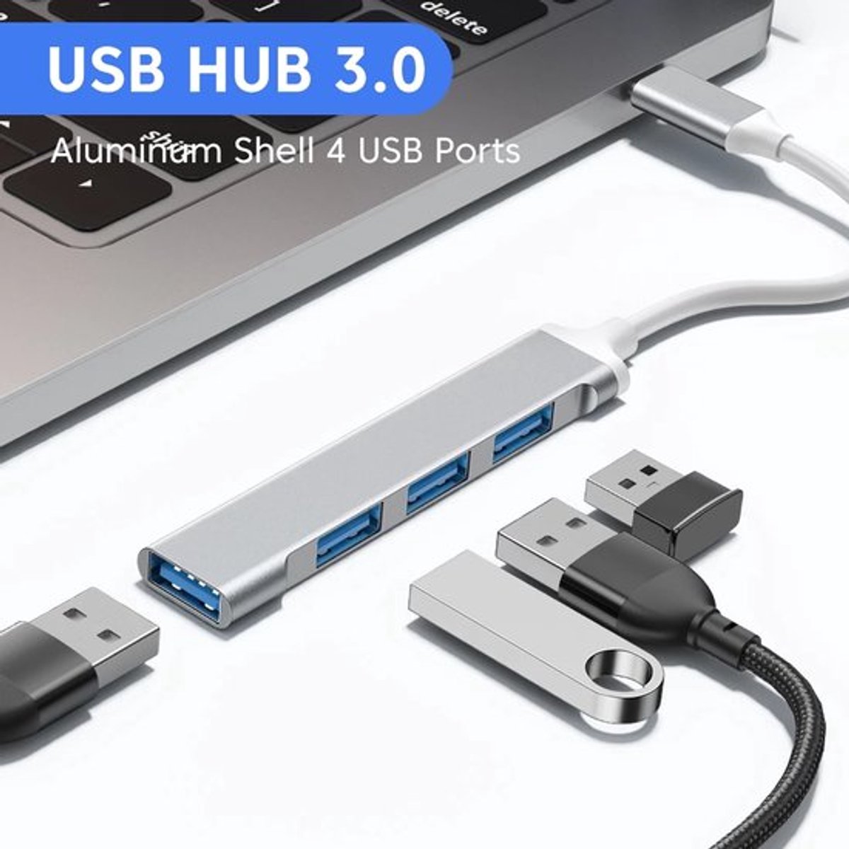 USB 3.0-hub - USB-splitter - 4 extra USB 3.0 Type-A-poorten - USB-C-hub - Kabel van 6 cm - 5 Gbps - aluminium - grijs