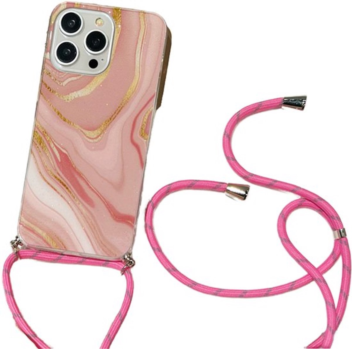 Marmer Look Telefoonhoesje met Schouderkoord – Geschikt voor Apple iPhone 15 Pro – Luxe & Stijlvolle Bescherming - Roze