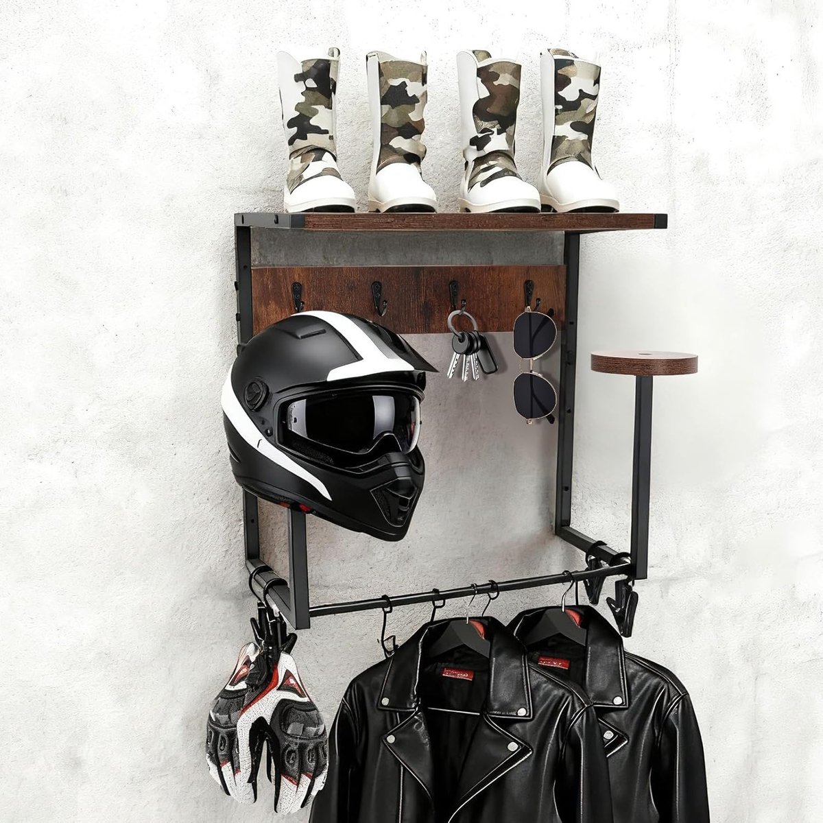 SnelShoppen - Helmet Wall Mount, Motorhelm Houder met Opbergrek, 1 Laags Houten Plank voor Motoraccessoires, Inclusief Haken en Clips