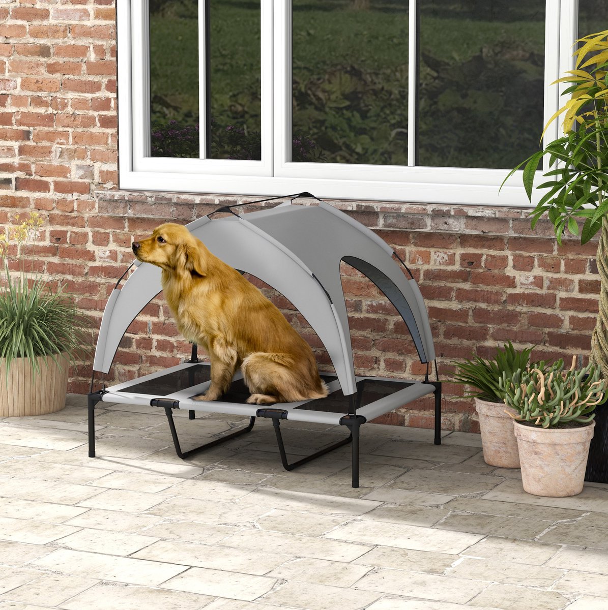 DESMIU Dierenmand – Verhoogd Met Dak – 106 x 76 x 94 cm – Oxfordstof en Staal – Lichtgrijs – Voor Buiten en Grote Honden