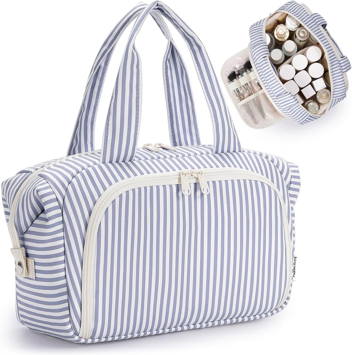 SnelShoppen - Grote Toilettas met Open Ontwerp - Makeup Organizer voor Vrouwen - Grijsblauwe Strepen - Reis, Camping, Cosmetica, en Meer