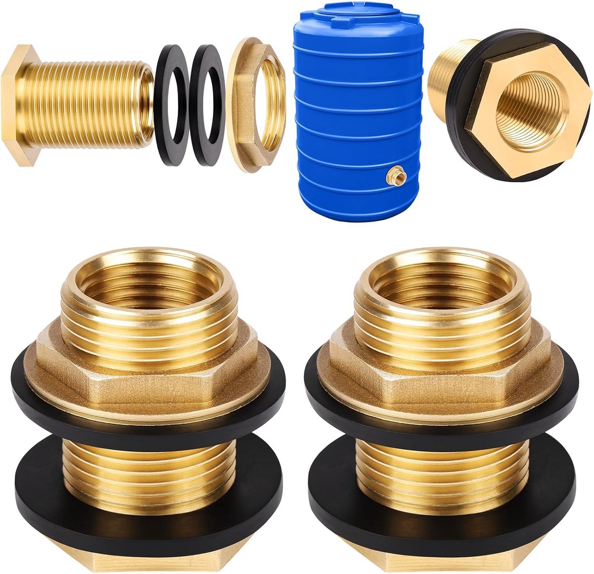 SnelShoppen - 2 Stuks Messing Bulkhead Aansluitingen, 1/2" naar 3/4" Tuinaansluiting met 4 Siliconen Pakkingen, Dubbel Draad Bulkhead voor Water Tanks