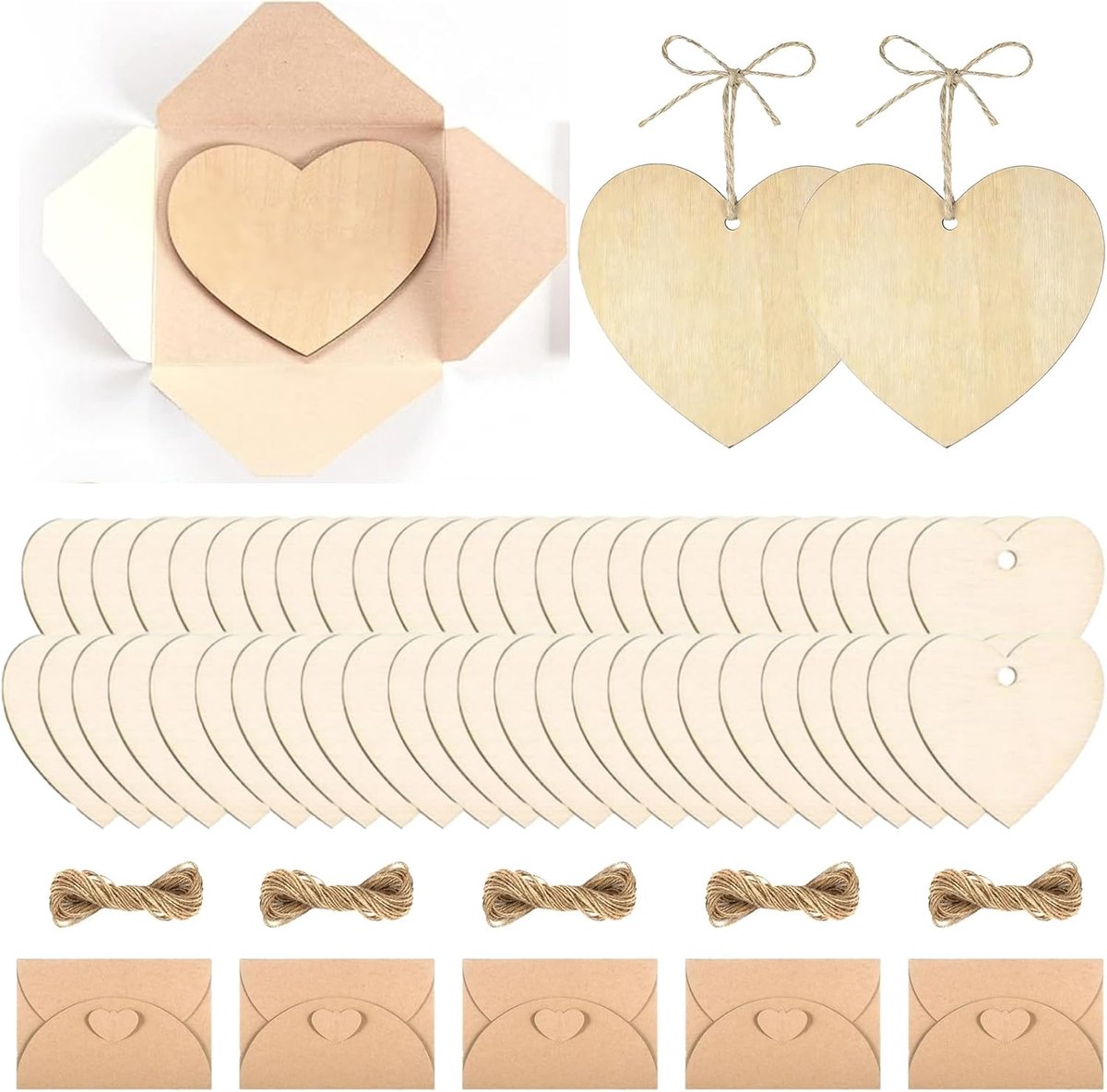 SnelShoppen - Set van 50 Houten Harten met Gat en Jute Touw + 10 Handgemaakte Kraft Papieren Enveloppen - Natuurlijke Houten Decoratie voor Bedankkaar