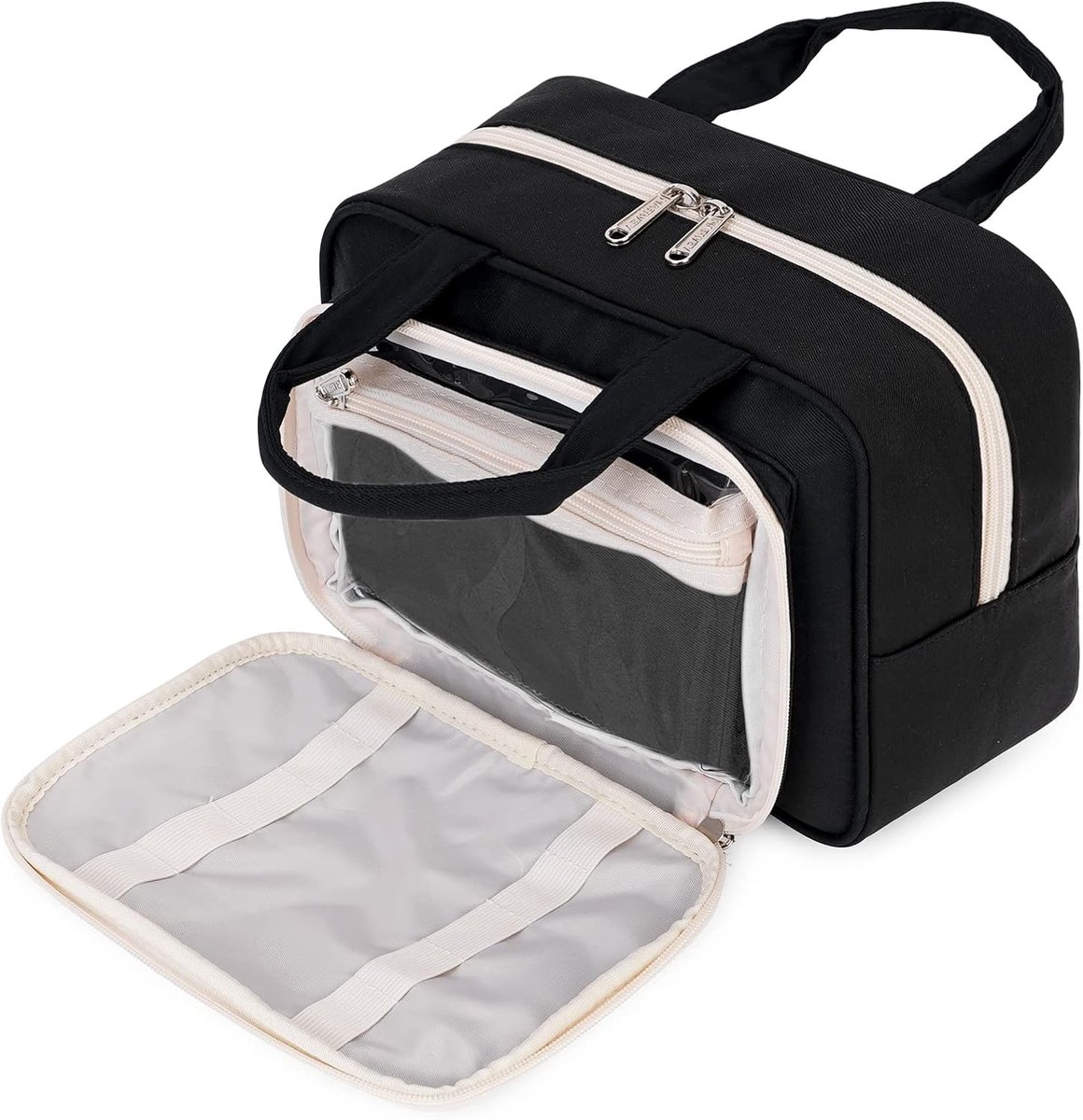 SnelShoppen - Toilettas - Reisetui - Make-up Tas - Cosmetica Organizer voor Vrouwen en Meisjes - Zwart - Ruim met Mesh Vakken en Elastische Lussen - I