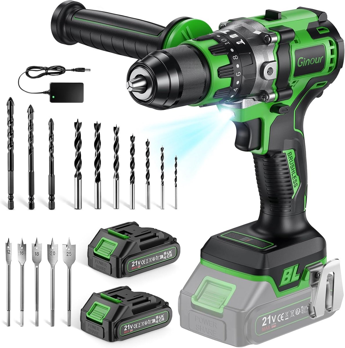 SnelShoppen - 21 V Borstelloze Accu-Slagboorschroevendraaier, 90 Nm, 2 x 2 Ah Accu, Slagboorfunctie, 20-delige Accessoires, 2 Versnellingen, 13 mm, Co