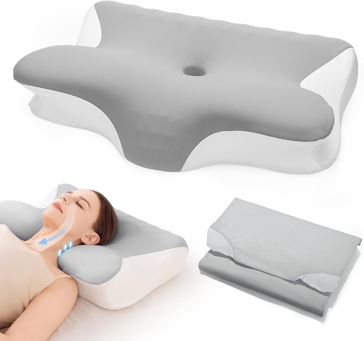 SnelShoppen - Ergonomisch Orthopedisch Nek Kussen, Geheugen Schuim Hoofdkussen met Hoogte Aanpassing, 2 Hoezen, Wit en Grijs, Ideaal voor Zijslapers