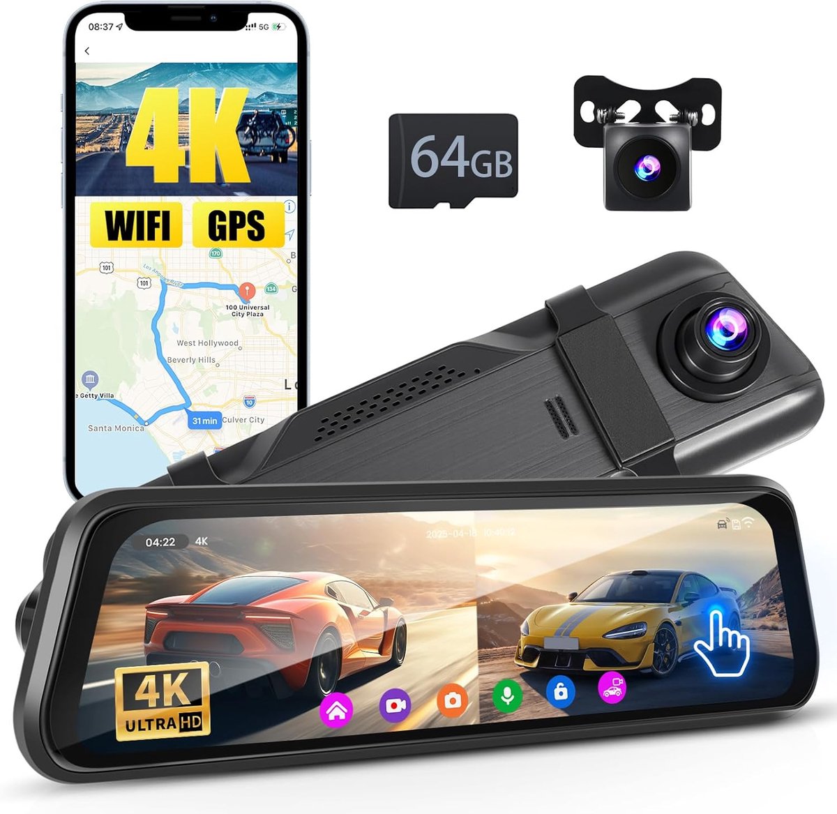 SnelShoppen - 4K Achteruitkijkspiegelcamera met Wifi, 9,66 inch Touchscreen, Dashcam Voor en Achter, WDR, Achteruitrijcamera, Parkeermonitor, Reverse
