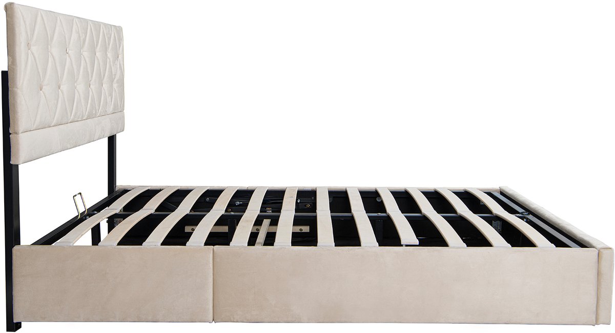 DESMIU Gestoffeerd Bed 140x200cm - Functioneel Bed Met Opbergruimte - Stevig Lattenbodem Ontwerp - Voor Slaapkamer - Fluweel - Beige - Zonder Matras