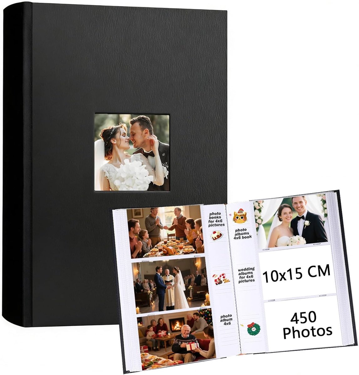 SnelShoppen - Fotoalbum 450 Foto's 6x4 inch - Kunstlederen Deksel met Voorraam - 15x10cm - Met Schrijfruimte voor Bruiloft, Familie, Baby en Vakantie