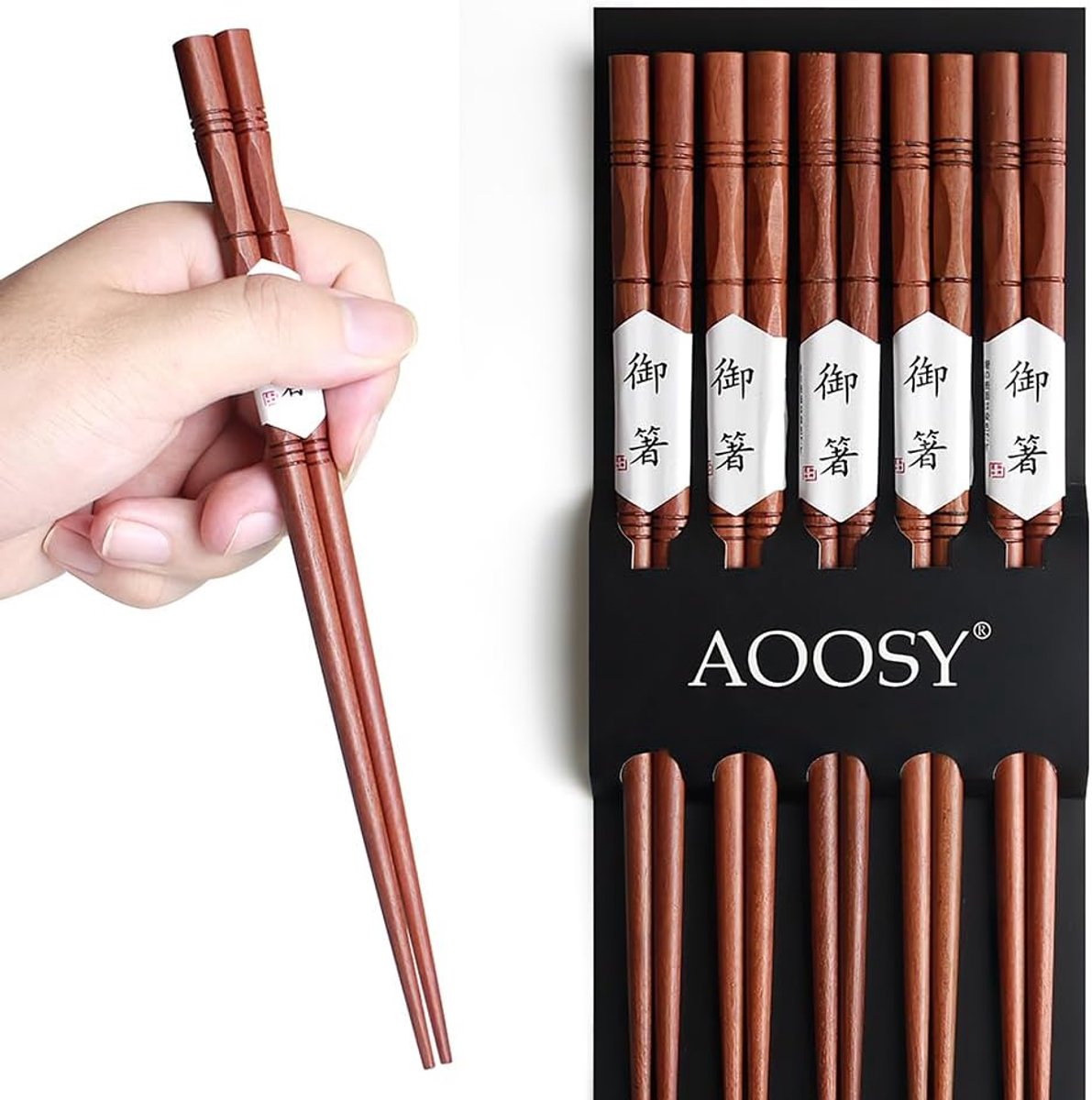 SnelShoppen - 5 Paar Japanse Houten Eetstokjes - Herbruikbaar en Vaatwasserbestendig, 22.5cm - Ideaal voor Sushi, Noodles, en BBQ