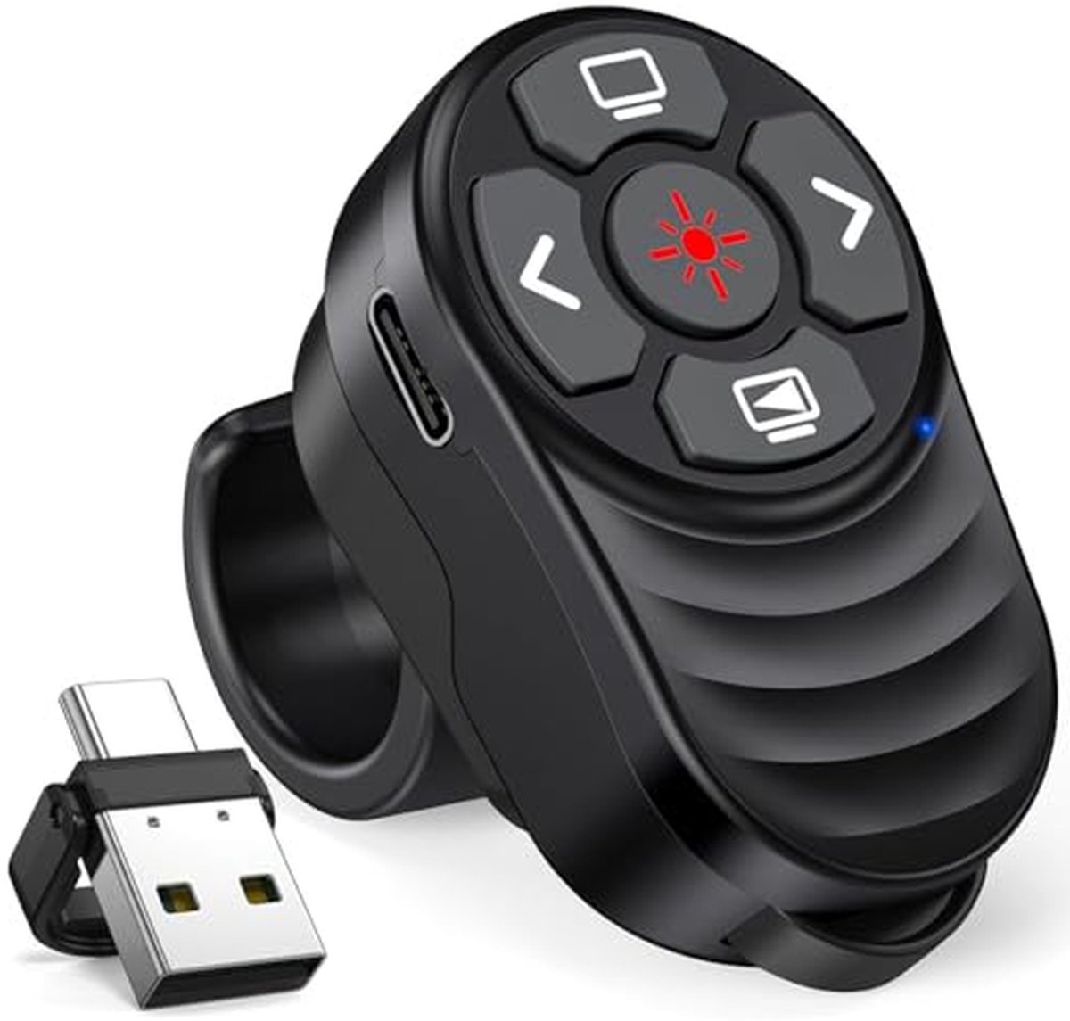 Presentatie Clicker - Vingerring Afstandsbediening - Presentaties Geven - 2-in-1 USB-C - 30 Meter Bereik - Zwart