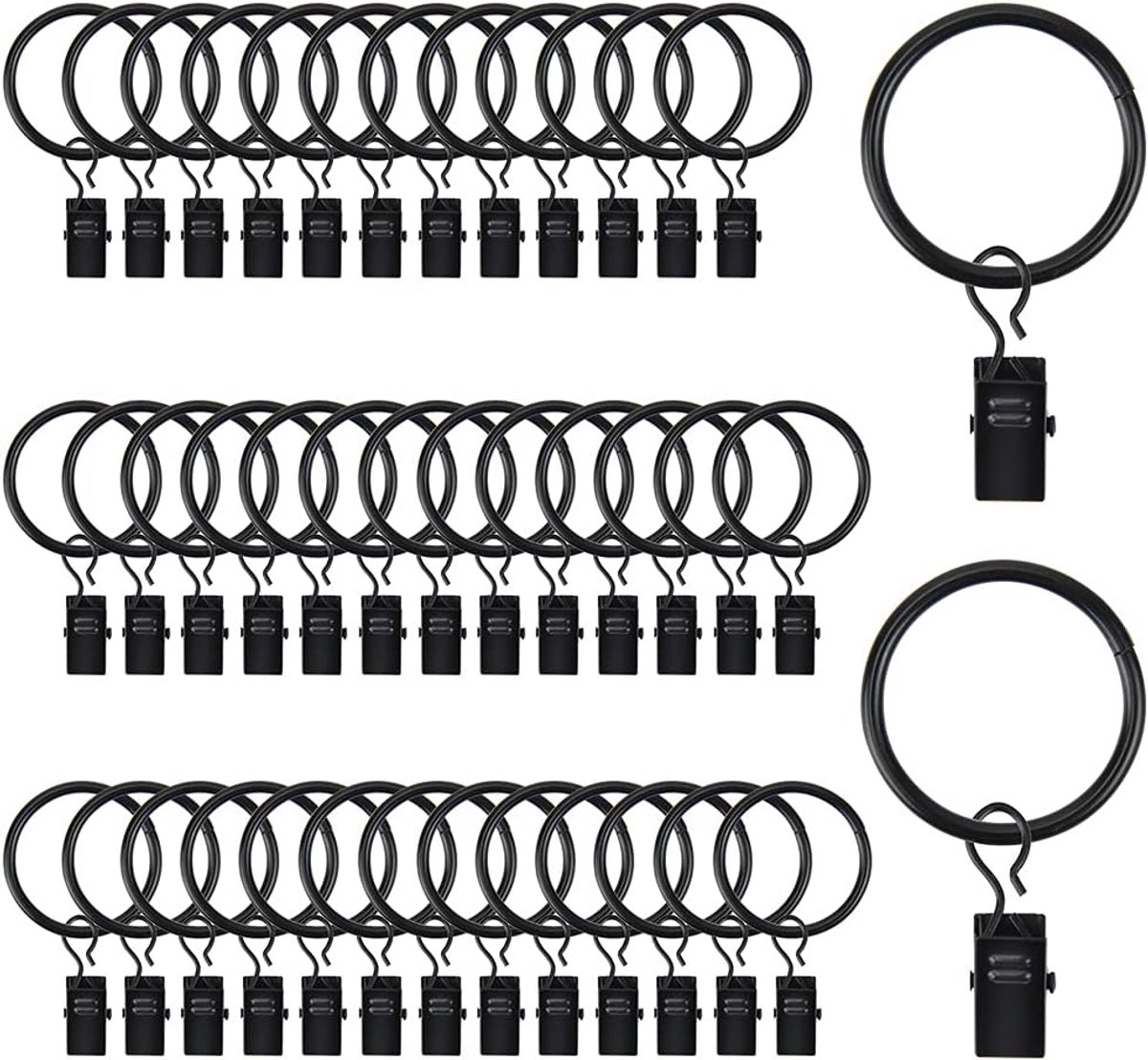 SnelShoppen - 40 Stuks Gordijnringen, Voorhangringen met Clips, Metalen Klemmers voor Gordijnstangen 30mm, Zwart, Duurzaam en Roestbestendig