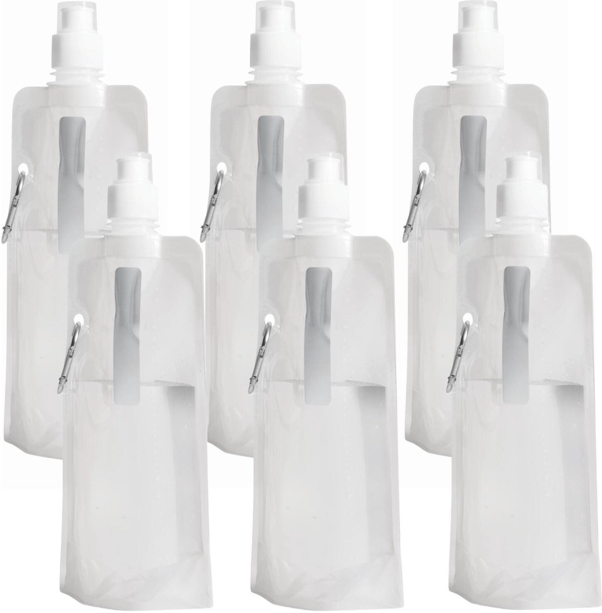 Trendoz Waterfles / drinkfles opvouwbaar - 6x - wit - kunststof - 400 ml - schroefdop - ophanghaak - sport - op reis - ruimtebesparend