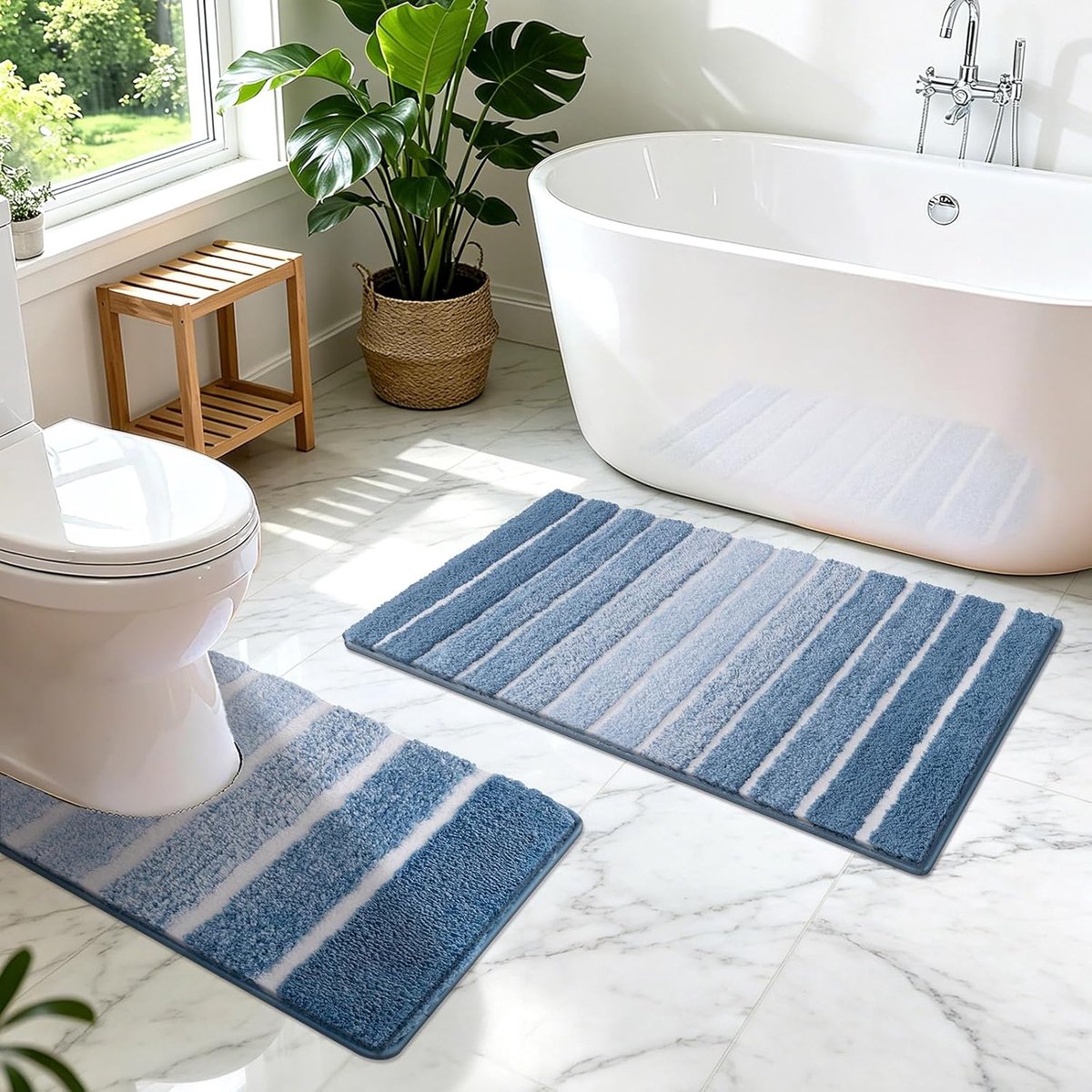 SnelShoppen - Badmat Set 2 Stuks - Antislip en Absorberend - Zachte Microfiber Toiletmatten - 50x80cm + 50x50cm - Machinewasbaar - Luxe Blauw - Badkam