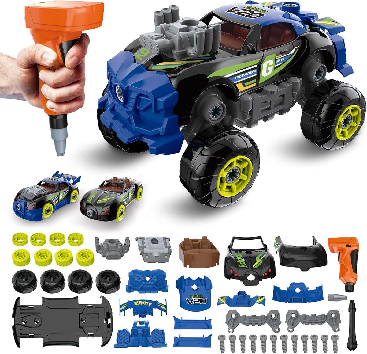 SnelShoppen - Pup Go 3-in-1 Afneembare Auto voor Jongens met Elektrische Boormachine, 43 Stukken, Bouwspeelgoed, Monstertruck, Raceauto, Sportauto, ST