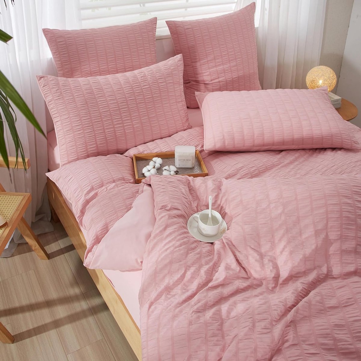 SnelShoppen - Seersucker Bedlinnen Set 200x200 cm Roze Gestreept - 3-delige Microfiber Dekbedovertrekset met Rits en 2 Kussenslopen 80x80 cm - Modern