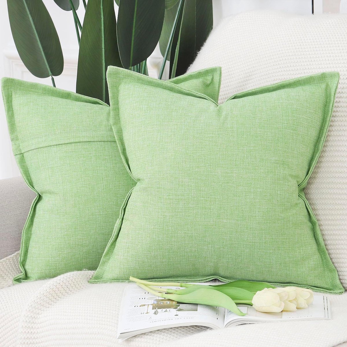 SnelShoppen - Set van 2 Imitatie Linnen Kussenslopen 50x50cm - Groene Decoratieve Kussenhoezen met Brede Rand - Zacht en Duurzaam voor Sofa en Slaapka