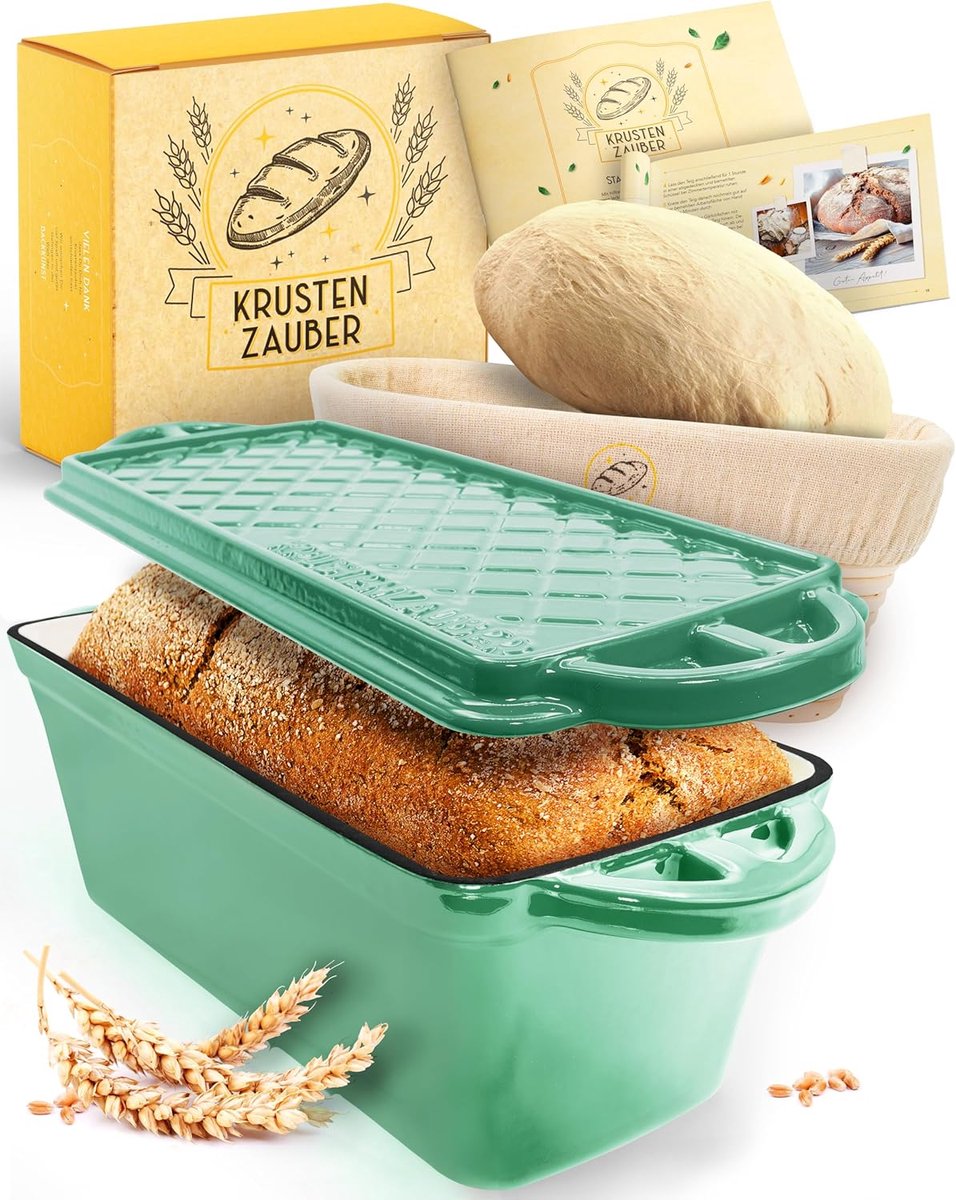 SnelShoppen - KRUSTENZAUBER Enamel Brood Bakvorm met Deksel, Inclusief Fermentatie Mand, Robuuste 28 cm Gietijzeren Bakvorm, Ideaal als Bakvorm, Brood