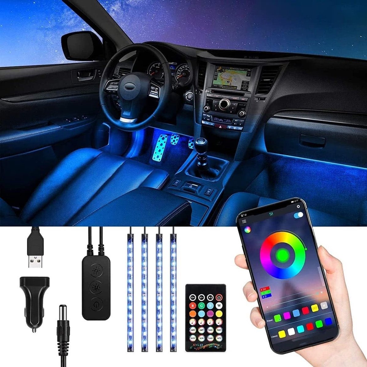 SnelShoppen - LED Auto Interieurverlichting RGB, Bluetooth App, 48 Waterproof LEDs, Muziek Sync, Afstandsbediening, 12V, Multi-kleur voor Auto's en Fe