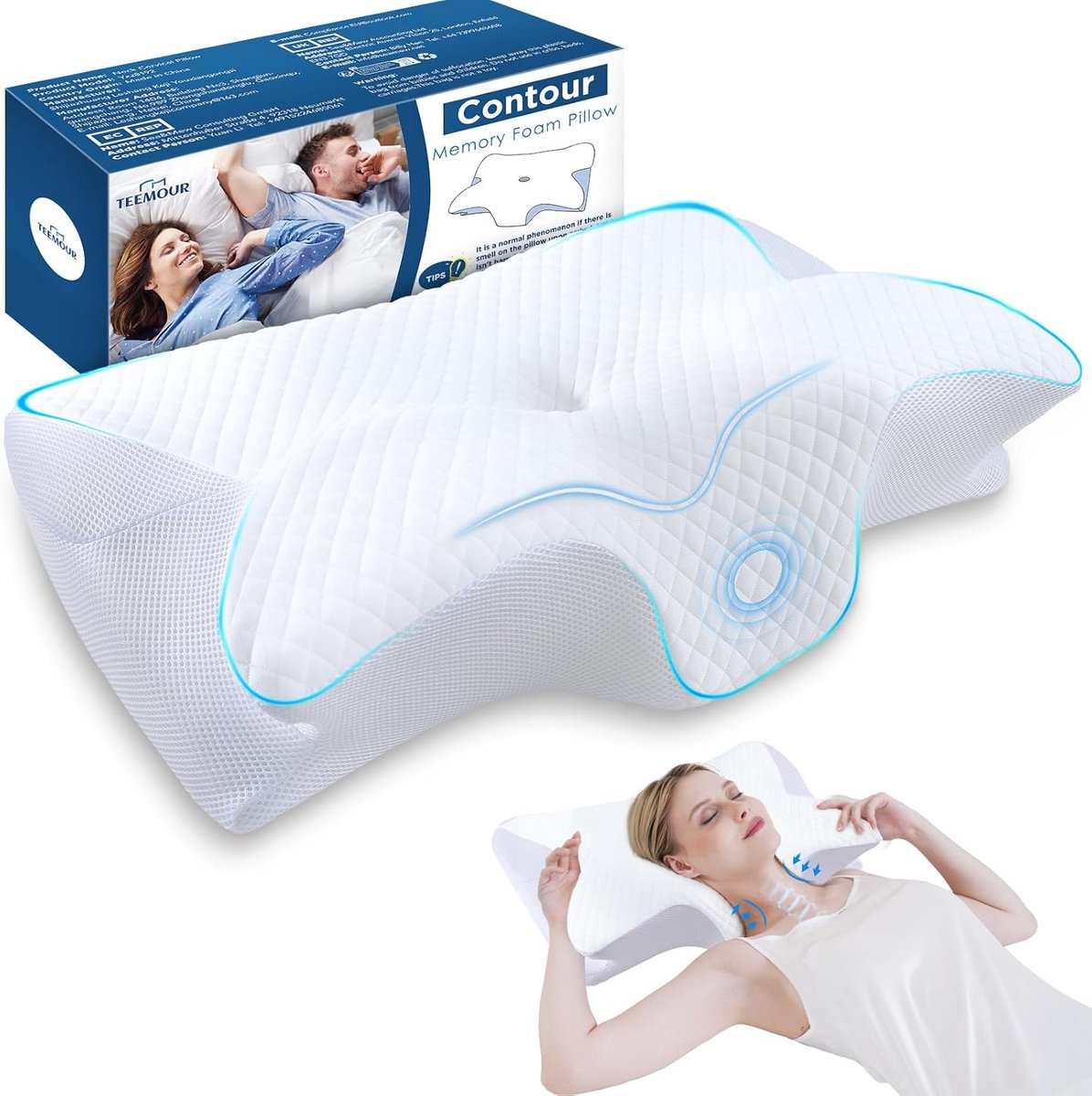 SnelShoppen - Teemour Nekkussen Memory Foam - Ondersteuning voor Zijslapers, Rugslapers en Buikslapers - Ademend en Verwijderbare Hoes - Wit