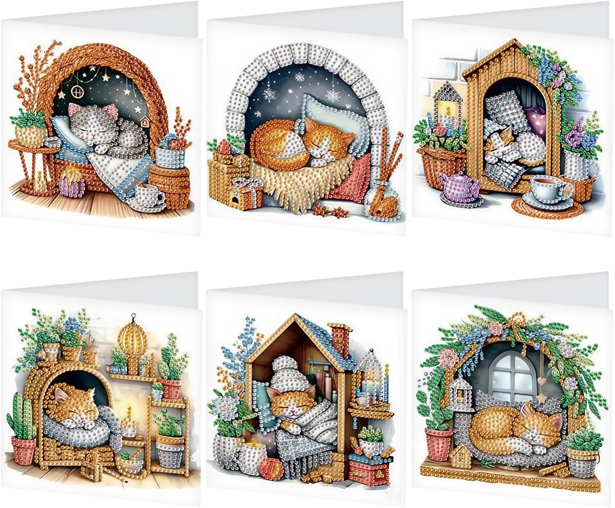 SnelShoppen - Set van 6 DIY Diamond Painting Wenskaarten, Unieke Handgemaakte Kaarten voor Verjaardag, Moederdag, Kerst, Jubileum, Thanksgiving, Gefel