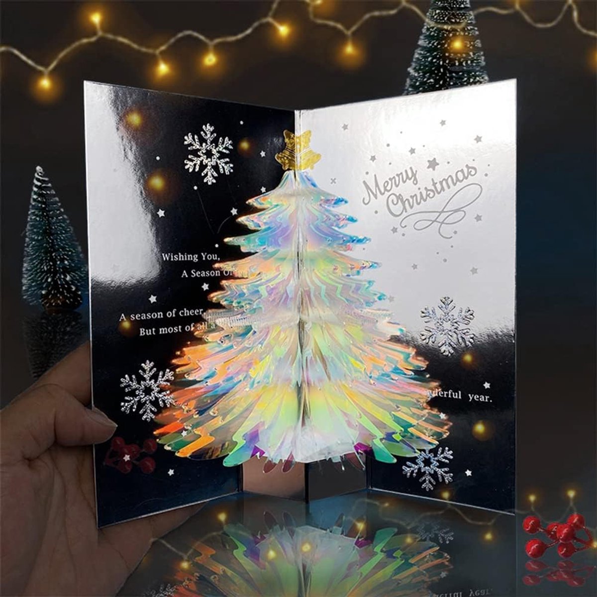SnelShoppen - 3D Kerstkaart Pop Up Kerstkaart met Kristal Kerstboom, Vouwkaart met Envelop, Transparant PVC, Uniek Ontwerp voor Feestdagen, Cadeaukaar