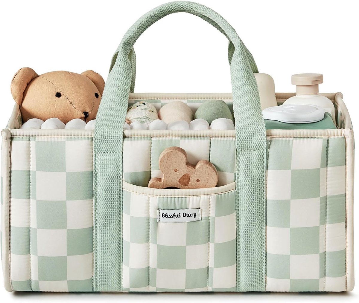 SnelShoppen - Luxe Luiertas Organizer met Opbergmand voor Nieuweboren, Geruit Blauwe Print, Essentiële Zaken & Luierstation - Perfect Baby Shower Cade