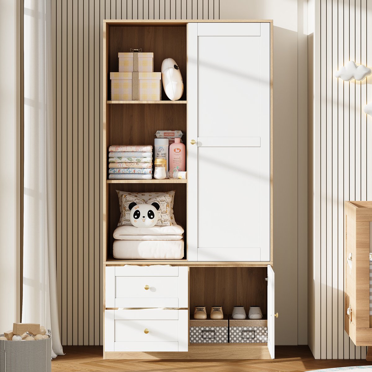 Wishdor Kledingkast - Ruimtebesparende schuifdeur - Met kledingroede, open vakken en lades - Scandinavische stijl - Slaapkamer - Houtlook - Naturel en wit - 90 x 50 x 180 cm